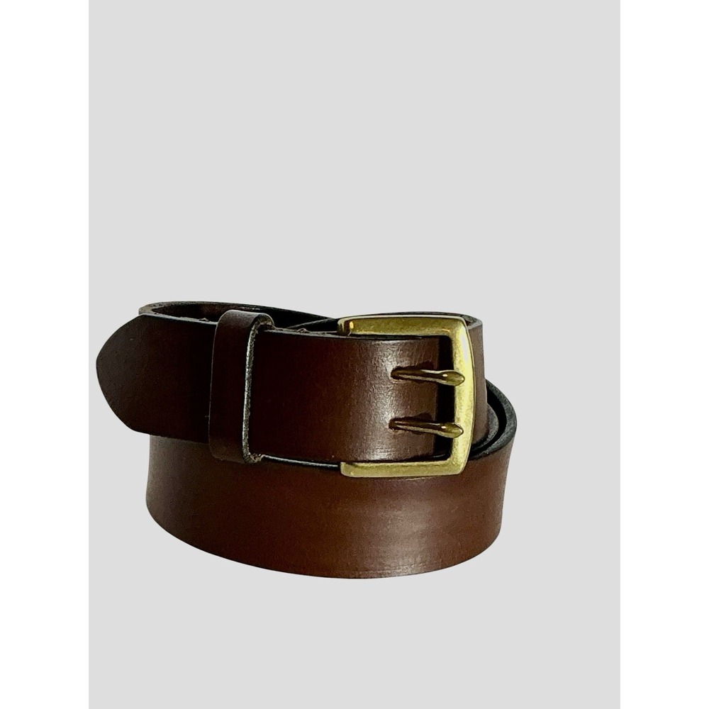 Vintage Brown Leather Belt Solid Brass Double Prong Buckle 36/38 Ralph Lauren?